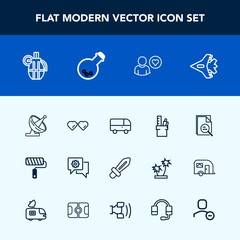 Modern, simple vector icon set with technology, dish, transport, online, laboratory, jetliner, aircraft, business, communication, stationery, military, speed, jet, bus, weapon, satellite, mobile icons