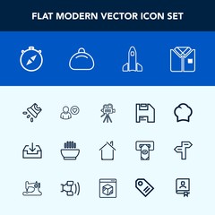 Modern, simple vector icon set with projection, web, dinner, download, hot, retro, rocket, science, projector, uniform, east, shuttle, screen, diskette, north, online, direction, building, sign icons
