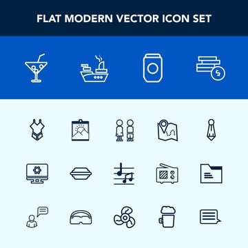 Modern, simple vector icon set with food, business, metal, frame, cash, road, picture, can, standing, swimsuit, drink, travel, happy, glass, summer, musical, burger, woman, cocktail, note, male icons