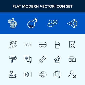 Modern, simple vector icon set with technology, dish, transport, online, laboratory, jetliner, aircraft, business, communication, stationery, military, speed, jet, bus, weapon, satellite, mobile icons