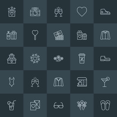 Modern Simple Set of clothes, drinks, valentine Vector outline Icons. Contains such Icons as  summer,  celebration,  white, sunglasses,  box and more on dark background. Fully Editable. Pixel Perfect.