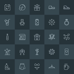 Modern Simple Set of clothes, drinks, valentine Vector outline Icons. Contains such Icons as  footwear,  beach,  cup,  bikini,  clothes, cup and more on dark background. Fully Editable. Pixel Perfect.