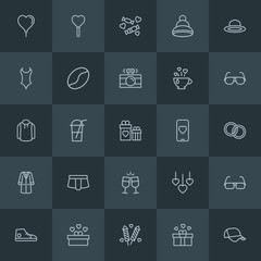 Modern Simple Set of clothes, drinks, valentine Vector outline Icons. Contains such Icons as summer,  female,  holiday,  festival,  square and more on dark background. Fully Editable. Pixel Perfect.