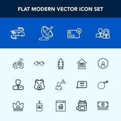 Modern, simple vector icon set with communication, tree, cart, job, account, people, antenna, nature, bag, employee, supermarket, store, car, eyesight, network, eye, business, satellite, glasses icons