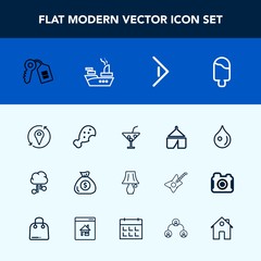 Modern, simple vector icon set with light, food, adventure, tent, fast, juice, drop, water, finance, snack, cocktail, bulb, money, chicken, drink, cloud, glass, sweet, communication, banking icons