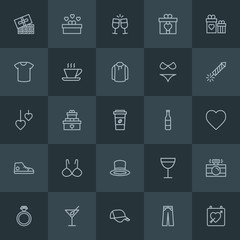 Modern Simple Set of clothes, drinks, valentine Vector outline Icons. Contains such Icons as  wedding,  shirt,  blue,  camera,  marriage and more on dark background. Fully Editable. Pixel Perfect.