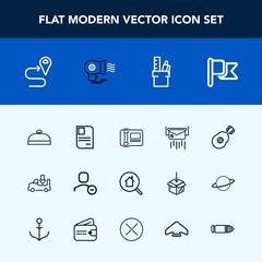 Modern, simple vector icon set with road, trip, mail, truck, luggage, technology, stationary, music, stationery, online, personal, bag, office, transport, travel, business, message, estate, real icons