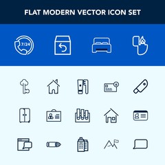 Modern, simple vector icon set with cigarette, operator, medicine, bag, support, kitchen, cabinet, lock, sack, interior, flame, brush, estate, laboratory, fire, home, research, help, bedroom icons