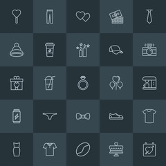 Modern Simple Set of clothes, drinks, valentine Vector outline Icons. Contains such Icons as  sweet,  white, winter, candy, fashion,  bean and more on dark background. Fully Editable. Pixel Perfect.