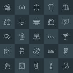 Modern Simple Set of clothes, drinks, valentine Vector outline Icons. Contains such Icons as glass,  background,  footwear,  dessert,  dark and more on dark background. Fully Editable. Pixel Perfect.
