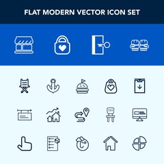 Modern, simple vector icon set with chair, bag, home, property, nautical, sign, tomato, food, blank, leather, web, anchor, seat, boxing, competition, sea, increase, fight, object, fashion, boat icons