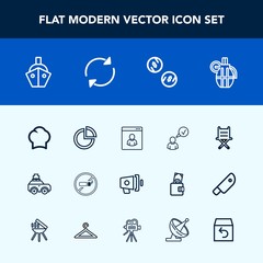 Modern, simple vector icon set with loudspeaker, tobacco, bag, male, furniture, profile, ship, seat, military, announcement, food, money, boat, grenade, pie, weapon, chart, cash, finance, chair icons