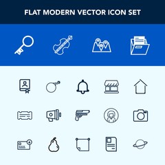 Modern, simple vector icon set with map, architecture, coupon, door, nuclear, house, sign, file, alert, travel, security, loudspeaker, gun, bomb, location, folder, curtain, address, key, bell icons