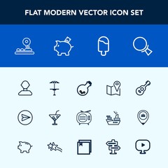 Modern, simple vector icon set with cream, food, guitar, internet, cafe, road, equipment, summer, table, pin, white, bar, button, laboratory, map, drink, money, arrow, cocktail, ice, light, tool icons