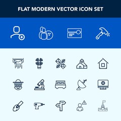 Modern, simple vector icon set with global, equipment, technology, mail, music, microscope, biology, home, house, travel, tape, stereo, lighthouse, bedroom, message, web, business, cartoon, post icons