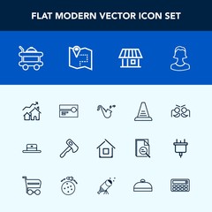Modern, simple vector icon set with construction, avatar, food, increase, location, bugle, bed, home, step, stereo, music, up, trumpet, hotel, tool, festival, service, jazz, real, celebration icons