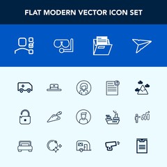 Modern, simple vector icon set with personal, paper, emergency, lady, blank, contract, mountain, message, blue, internet, shovel, business, plan, estate, fashion, landscape, profile, file, task icons