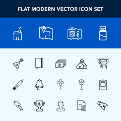 Modern, simple vector icon set with bell, home, pen, folk, cash, construction, page, musical, ventilator, wireless, message, notebook, antenna, electric, communication, plug, estate, alarm, air icons