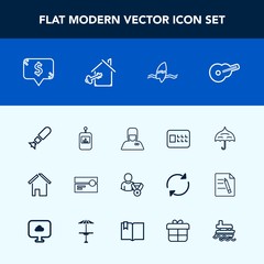 Modern, simple vector icon set with hotel, white, remote, price, stereo, war, surfer, house, control, bank, safe, online, surfing, square, architecture, home, frame, umbrella, audio, television icons