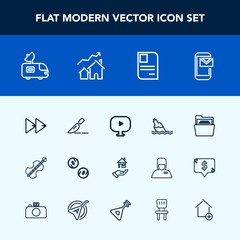 Modern, simple vector icon set with currency, rewind, player, audio, house, file, surgery, media, satellite, van, television, cello, id, sound, home, mail, paper, card, money, tv, medical, music icons