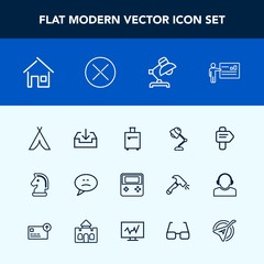 Modern, simple vector icon set with technology, direction, luggage, home, bag, presentation, button, architecture, folk, game, download, speech, travel, suitcase, chessboard, house, meeting, web icons