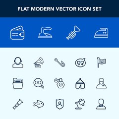 Modern, simple vector icon set with housework, perfume, team, find, concept, service, hook, america, bugle, file, rod, pump, vintage, wallet, ironing, folder, fishing, bottle, clothes, music icons