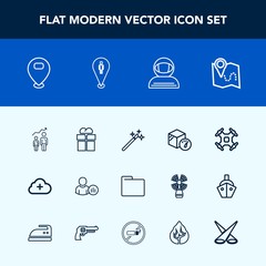 Modern, simple vector icon set with cosmonaut, wand, sign, personal, astronaut, location, present, blank, science, light, development, box, scene, cloud, helicopter, control, success, growth icons