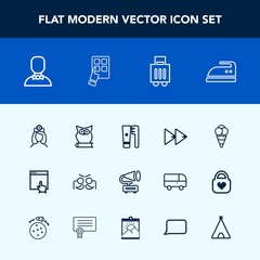 Modern, simple vector icon set with celebration, care, music, animal, nurse, gramophone, baggage, web, vintage, website, cream, retro, party, ironing, male, button, clothes, mouse, internet, ice icons