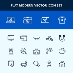 Modern, simple vector icon set with kit, message, print, work, internet, field, video, tap, box, display, science, find, tshirt, clothing, communication, uniform, architecture, concept, speech icons