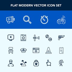 Modern, simple vector icon set with time, money, washer, firearm, cap, housework, appliance, weapon, comfortable, internet, military, car, cash, navigation, handgun, web, chair, browser, vehicle icons