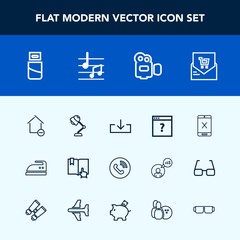 Modern, simple vector icon set with clothes, list, business, cord, camera, phone, ironing, bill, handle, connection, ring, call, electricity, unknown, interior, lamp, sign, download, book, light icons