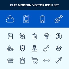 Modern, simple vector icon set with label, protection, trash, decorative, extreme, luxury, guitar, jump, bin, style, parachute, car, garbage, card, circle, account, security, luggage, bag, sky icons