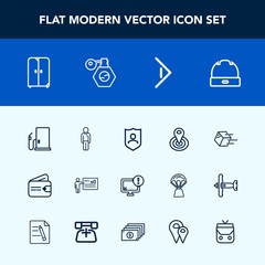 Modern, simple vector icon set with monitor, hat, cycle, interior, transportation, cash, desktop, protection, radius, business, internet, presentation, gasoline, wallet, shipping, security, man icons