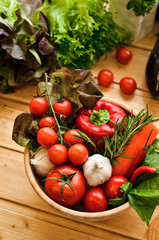 Top view, fresh vegetables in basket on wooden background. Healthy lifestyle, organic food concept. Farmers Vegetable Market,vegetarian