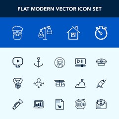 Modern, simple vector icon set with cup, young, player, road, award, travel, navy, place, house, direction, coffee, nautical, drink, home, cafe, sky, rudder, timer, success, prize, interface icons