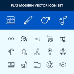 Modern, simple vector icon set with tower, eyeglasses, message, snorkel, house, medieval, melody, whistle, finance, sea, object, home, shop, way, castle, optical, cart, property, eyesight, music icons