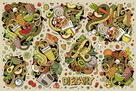 Vector doodles cartoon set of Diet food combinations of objects and elements