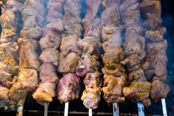 Close-up shashlik or barbeque on skewers