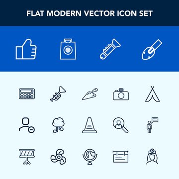 Modern, simple vector icon set with trumpet, search, banner, travel, healthcare, delete, user, bugle, blank, billboard, equipment, button, account, step, ladder, gift, outdoor, tent, retail, up icons