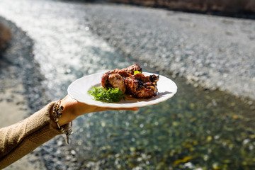 Hand holds plate with grilled meat