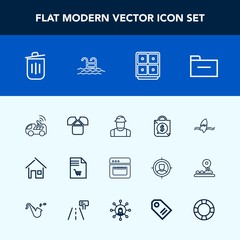 Modern, simple vector icon set with estate, building, tropical, list, price, satellite, engineer, house, oven, architecture, navigation, cooking, worker, technology, food, vehicle, recycling icons