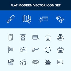 Modern, simple vector icon set with message, travel, flag, web, finance, document, money, timer, army, clock, handgun, name, pistol, internet, bill, home, paper, nation, tank, location, estate icons
