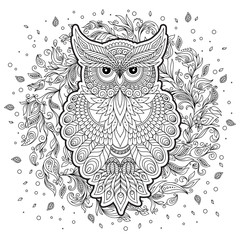  Coloring page with cute owl and floral frame.
