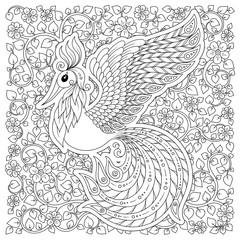 Fototapeta premium Firebird for anti stress Coloring Page with high details.