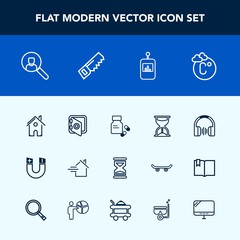 Modern, simple vector icon set with saw, estate, internet, button, science, time, thermometer, temperature, pharmacy, safe, sound, home, security, hammer, music, health, medical, account, sand icons