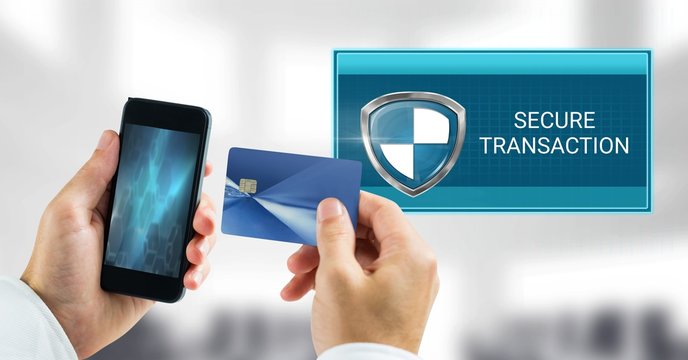 Secure transaction shield icon and phone with bank card