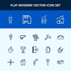 Modern, simple vector icon set with shovel, hanger, white, flag, progress, increase, championship, weapon, winner, victory, space, war, dessert, big, military, tower, food, moon, clock, cup, ben icons