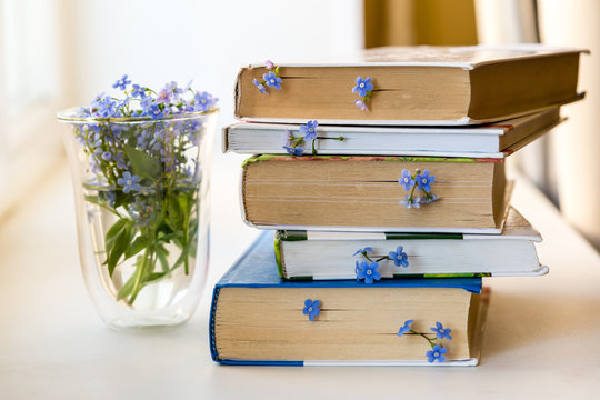 A stack of books with small blue flowers between pages on white table
