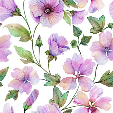 Beautiful lavatera flowers with green leaves against white background. Seamless floral pattern. Watercolor painting. Hand painted illustration.