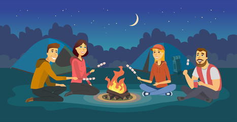 Friends on a camp - cartoon people character illustration